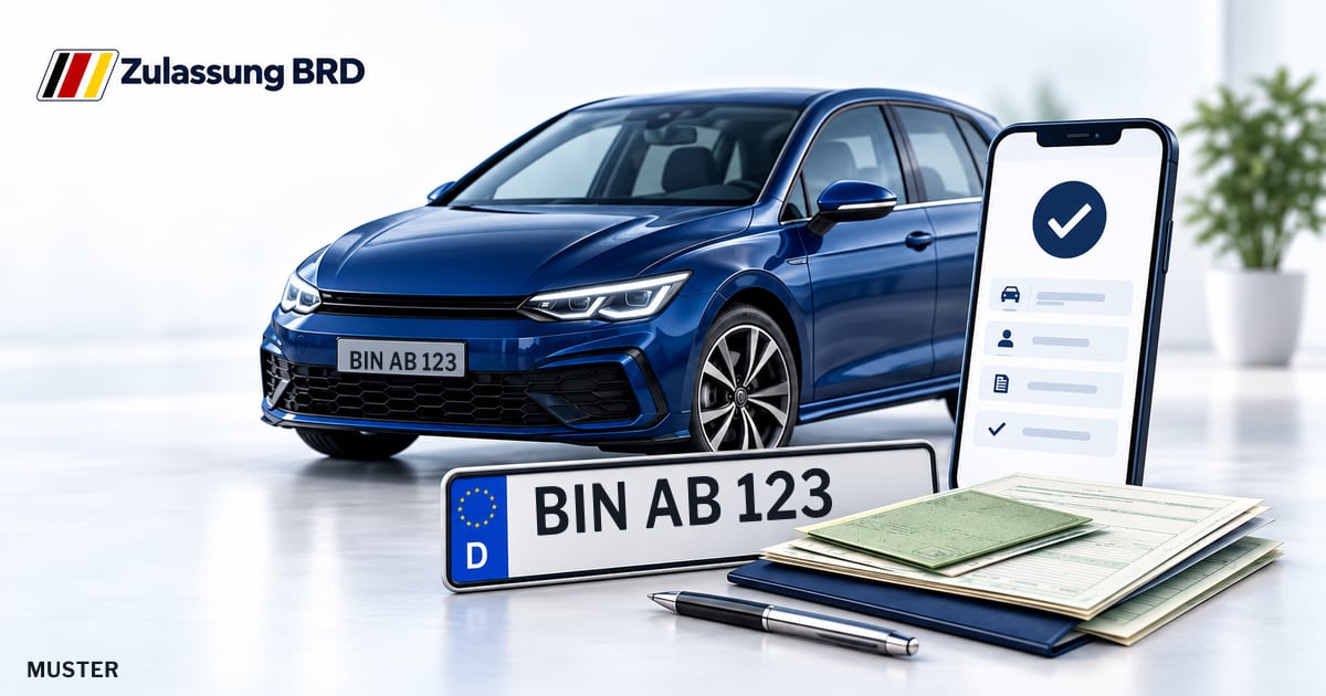 Online Fahrzeugzulassung in Bingen am Rhein: Musterkennzeichen BIN AB 123, Auto und Fahrzeugpapiere und Smartphone. Illustration mit Logo von Zulassung BRD.